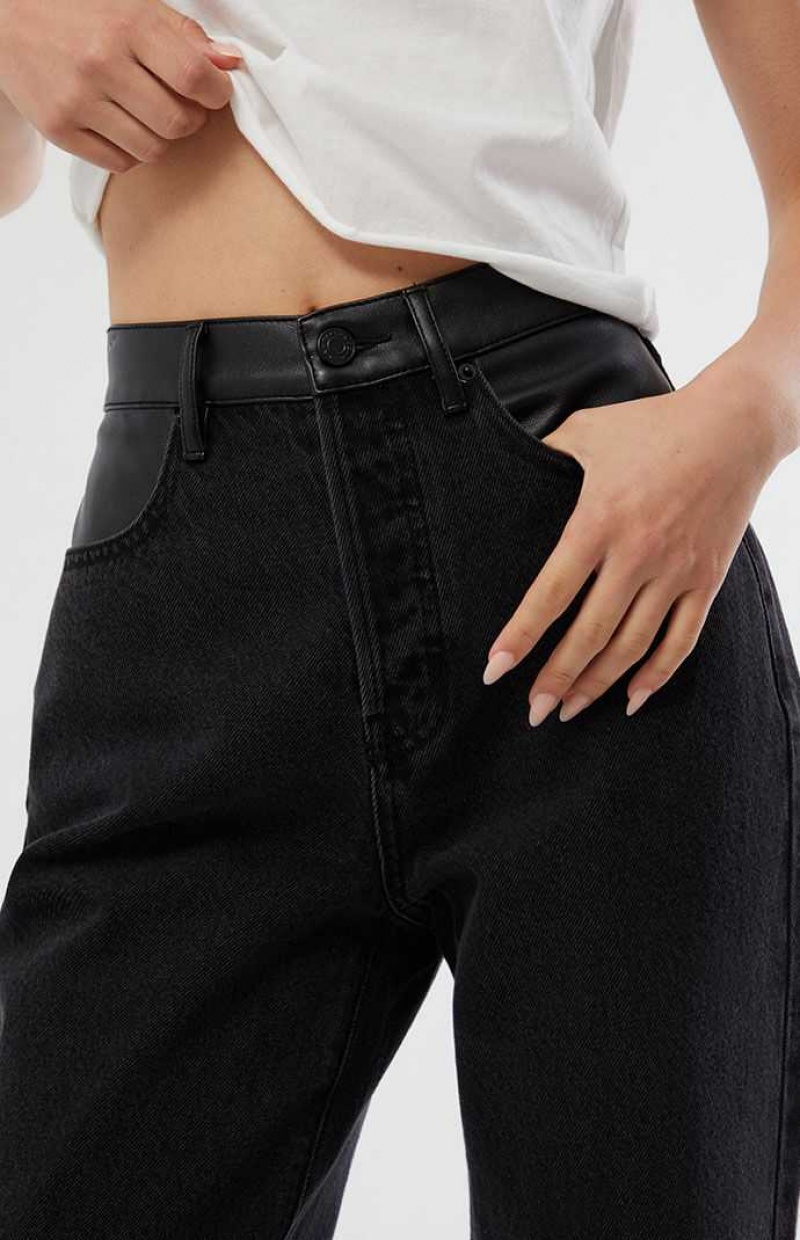 BLACK PacSun Kendall & Kylie Eco Black Faux Leather Waist Dad Jeans | ZXLSFKE-59