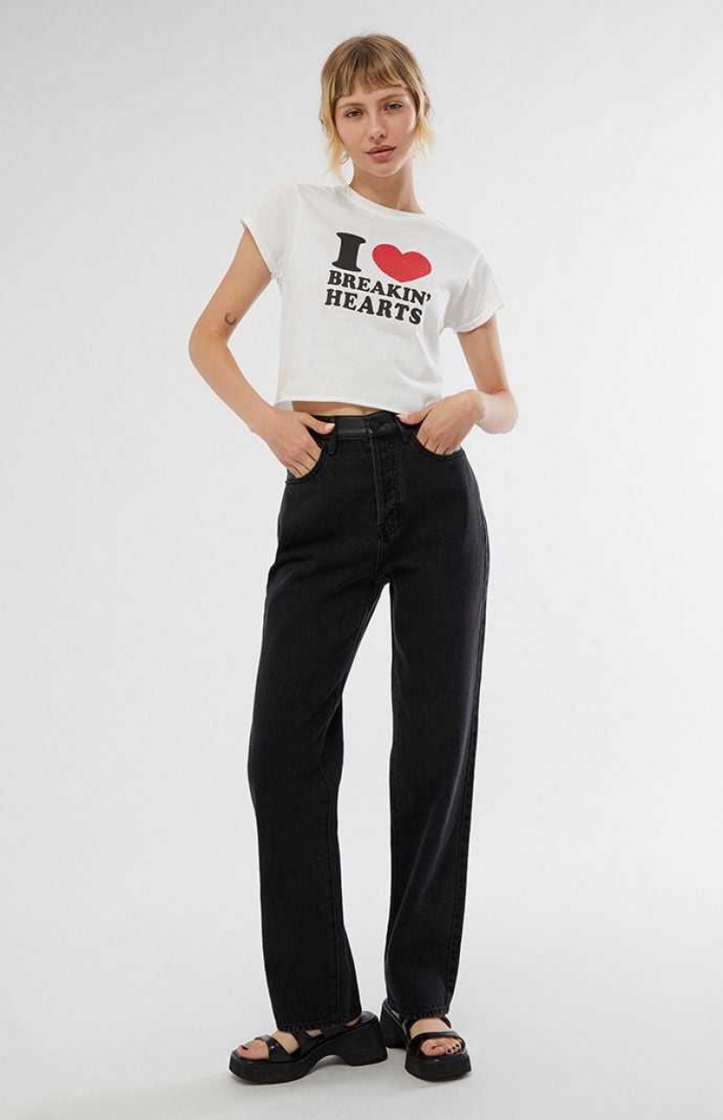 BLACK PacSun Kendall & Kylie Eco Black Faux Leather Waist Dad Jeans | ZXLSFKE-59