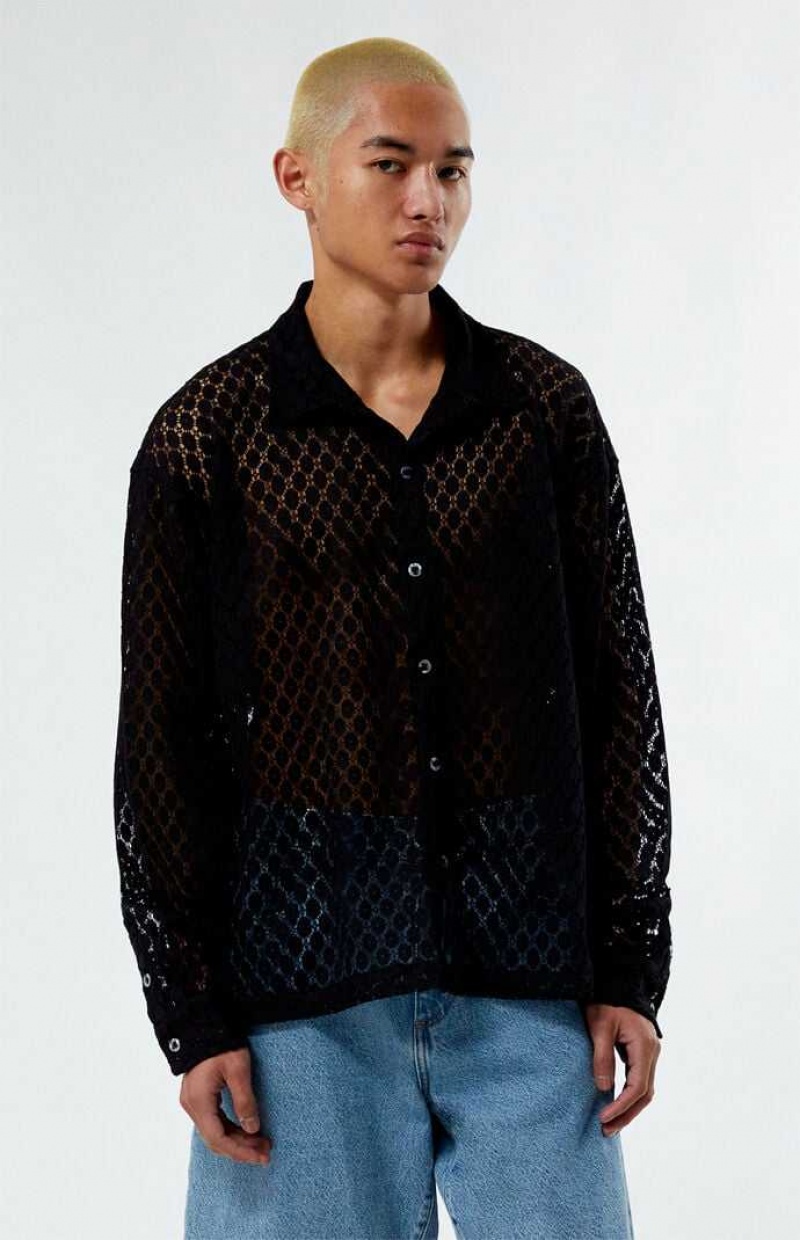 BLACK PacSun Lace Long Sleeve Shirt | CJGXDFO-98