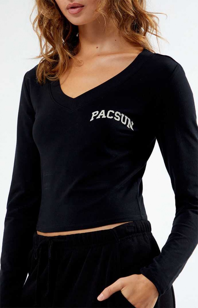 BLACK PacSun Long Sleeve V-Neck T-Shirt | VQBELFS-75