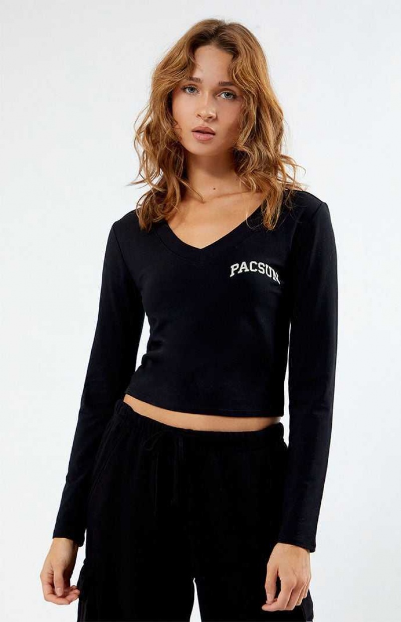 BLACK PacSun Long Sleeve V-Neck T-Shirt | VQBELFS-75