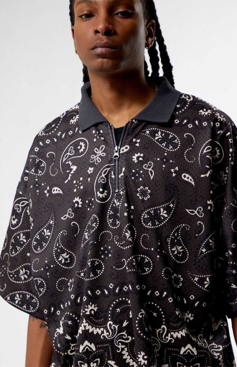 BLACK PacSun Mesh Zip Paisley Shirt | LDSUZNH-24