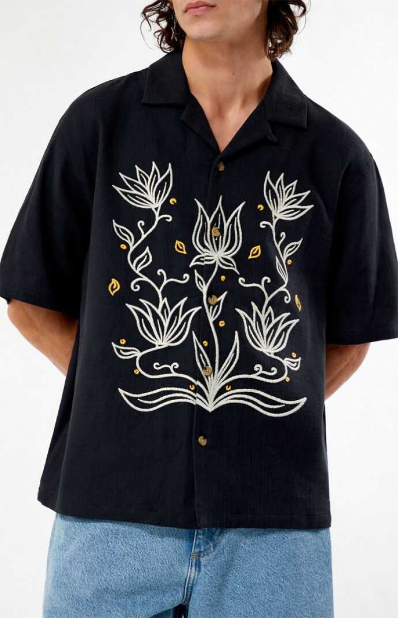 BLACK PacSun Provincial Oversized Embroidered Camp Shirt | NEHITJA-23