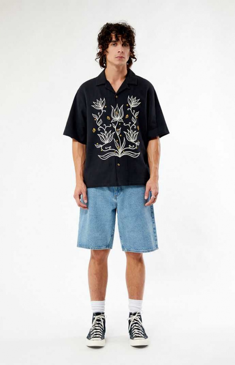 BLACK PacSun Provincial Oversized Embroidered Camp Shirt | NEHITJA-23