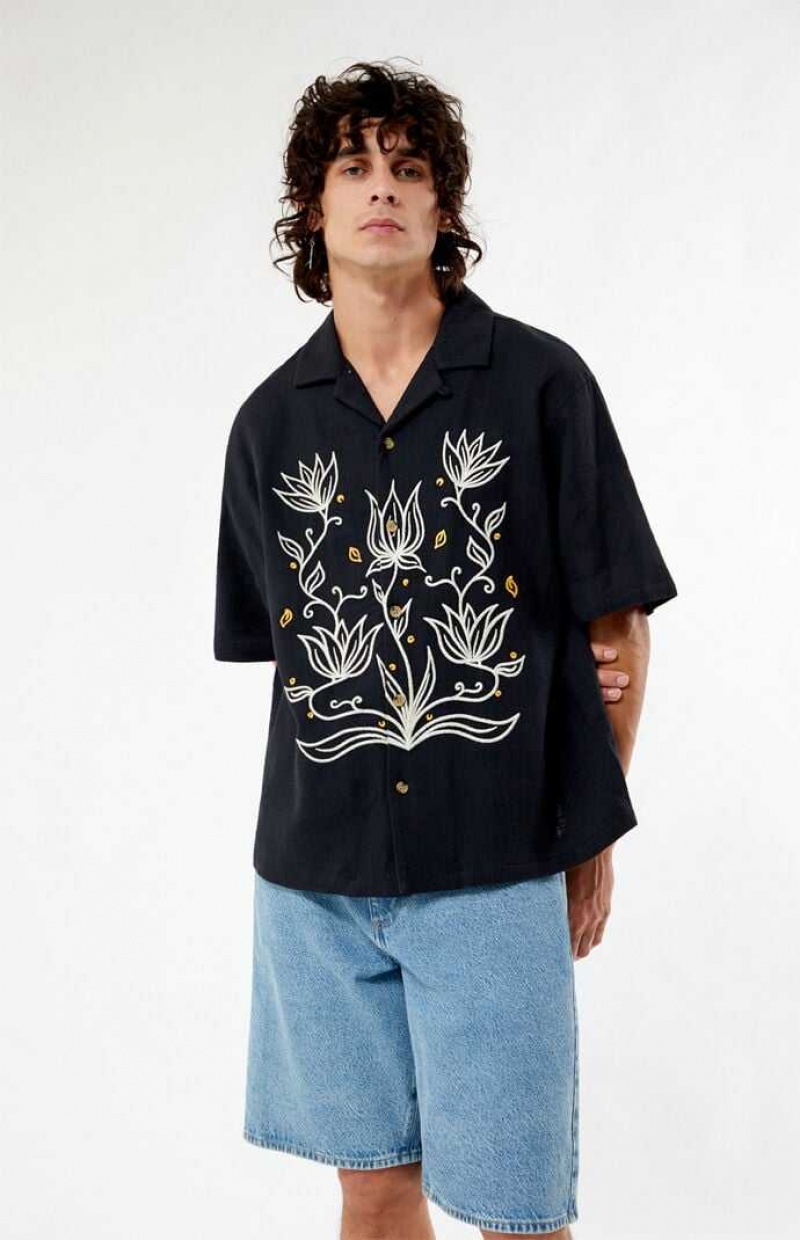 BLACK PacSun Provincial Oversized Embroidered Camp Shirt | NEHITJA-23