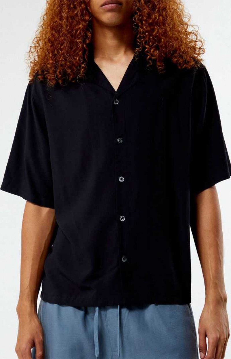 BLACK PacSun Recycled Solid Black Oversized Camp Shirt | YURDEHJ-58