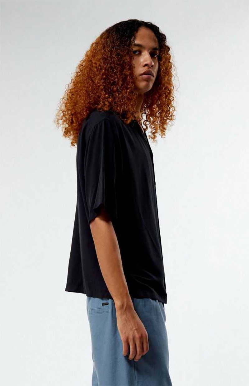 BLACK PacSun Recycled Solid Black Oversized Camp Shirt | YURDEHJ-58