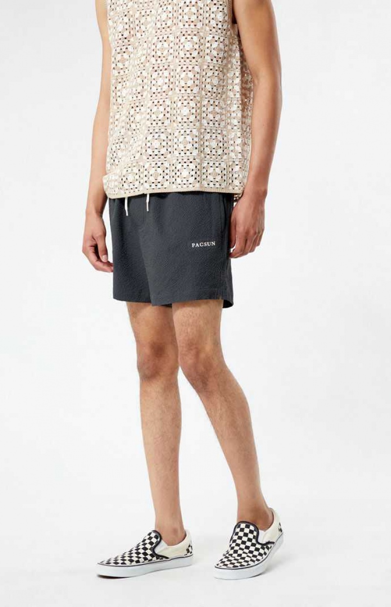 BLACK PacSun Sail Seersucker 4.5" Swim Trunks | TXUWSRV-52