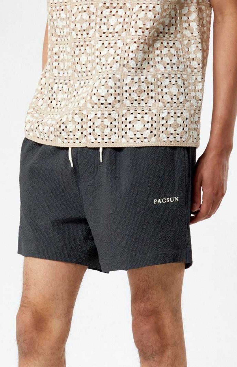 BLACK PacSun Sail Seersucker 4.5" Swim Trunks | TXUWSRV-52