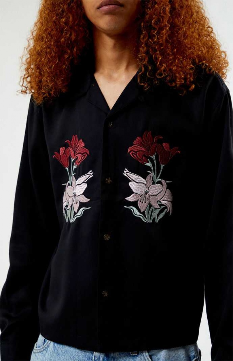 BLACK PacSun Silver Lake Embroidered Long Sleeve Camp Shirt | QOSRFKL-06