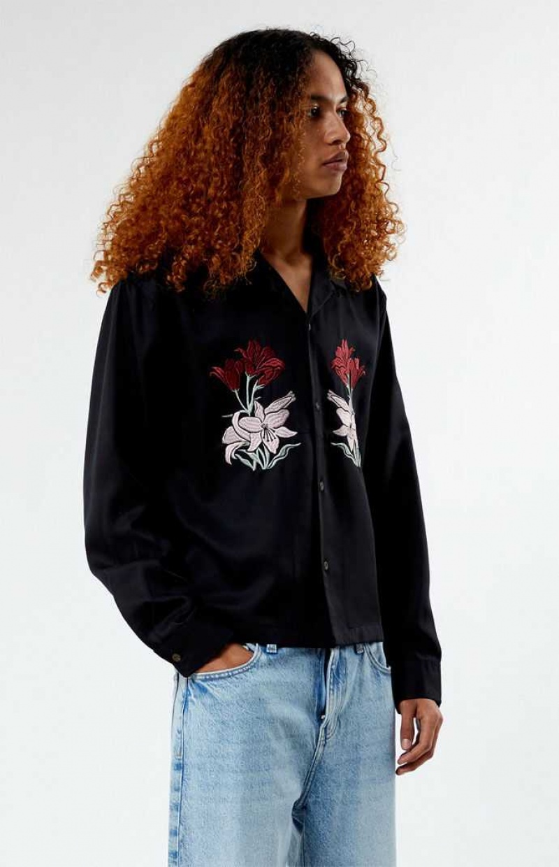 BLACK PacSun Silver Lake Embroidered Long Sleeve Camp Shirt | QOSRFKL-06