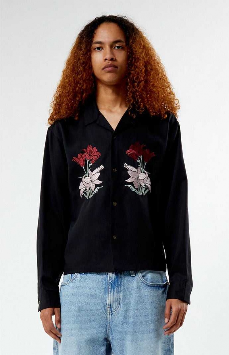 BLACK PacSun Silver Lake Embroidered Long Sleeve Camp Shirt | QOSRFKL-06