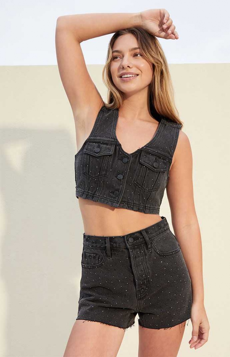 BLACK PacSun Studded Ultra Cropped Denim Vest | PTVZSYU-93