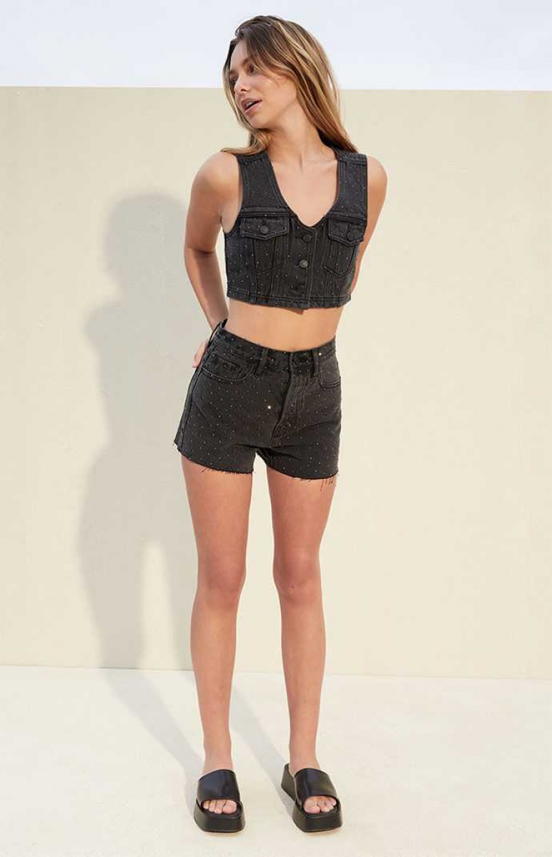 BLACK PacSun Studded Ultra Cropped Denim Vest | PTVZSYU-93