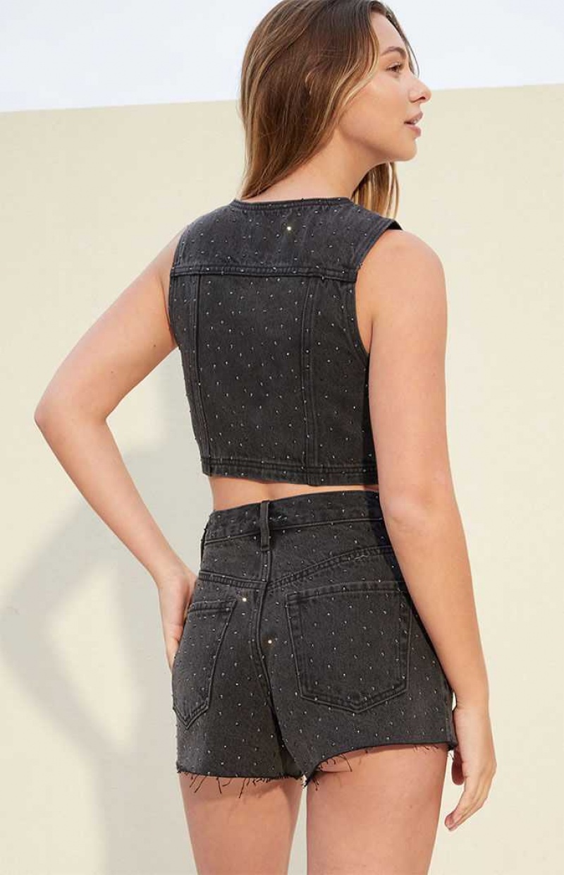 BLACK PacSun Studded Ultra Cropped Denim Vest | PTVZSYU-93