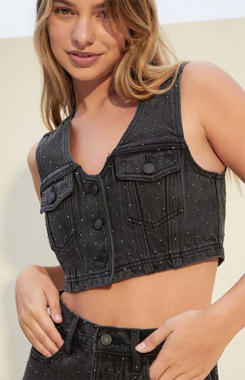 BLACK PacSun Studded Ultra Cropped Denim Vest | PTVZSYU-93