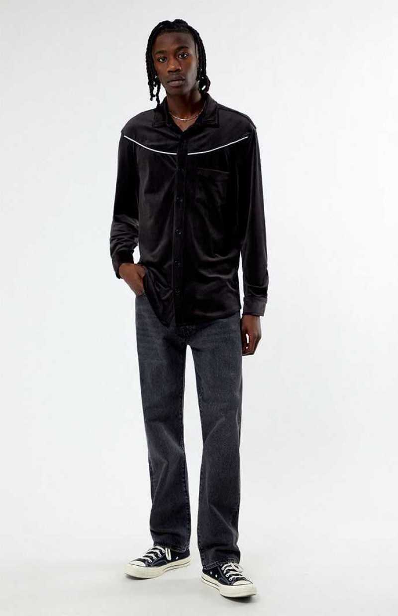 BLACK PacSun Velour Western Button Down Shirt | UCJQFSW-14