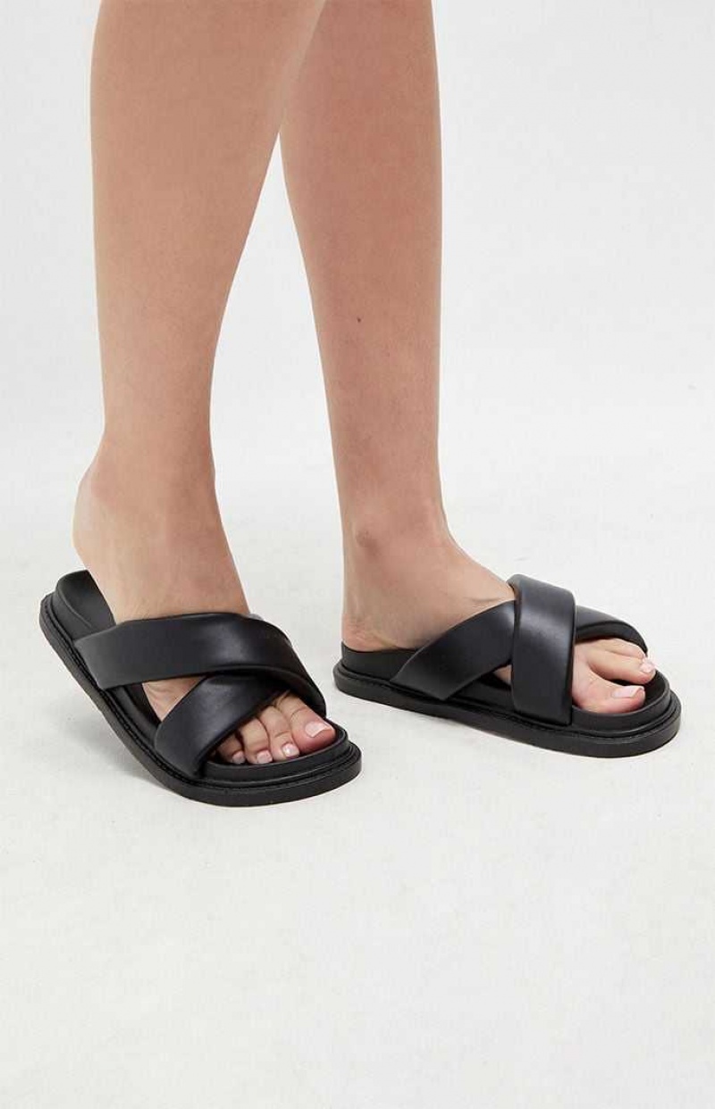 BLACK PacSun Women\'s Crisscross Faux Leather Slide Sandals | YZMADRI-26