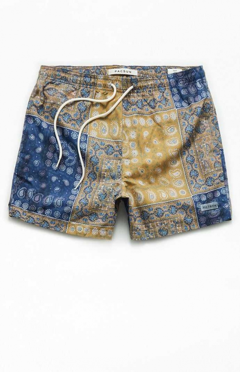 BLUE/GOLD PacSun Bandana Block 4.5" Swim Trunks | YDGNKXT-83