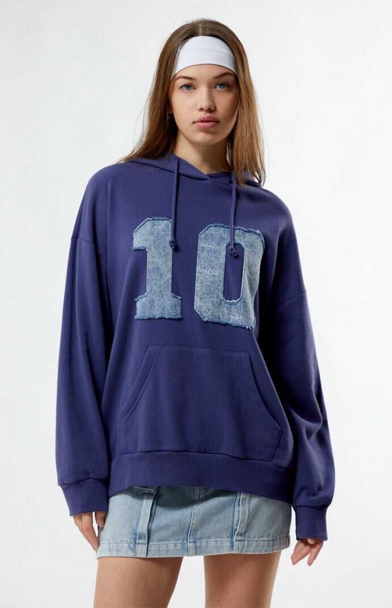 BLUE PacSun Denim Number Patch Hoodie | TIBLPFV-67