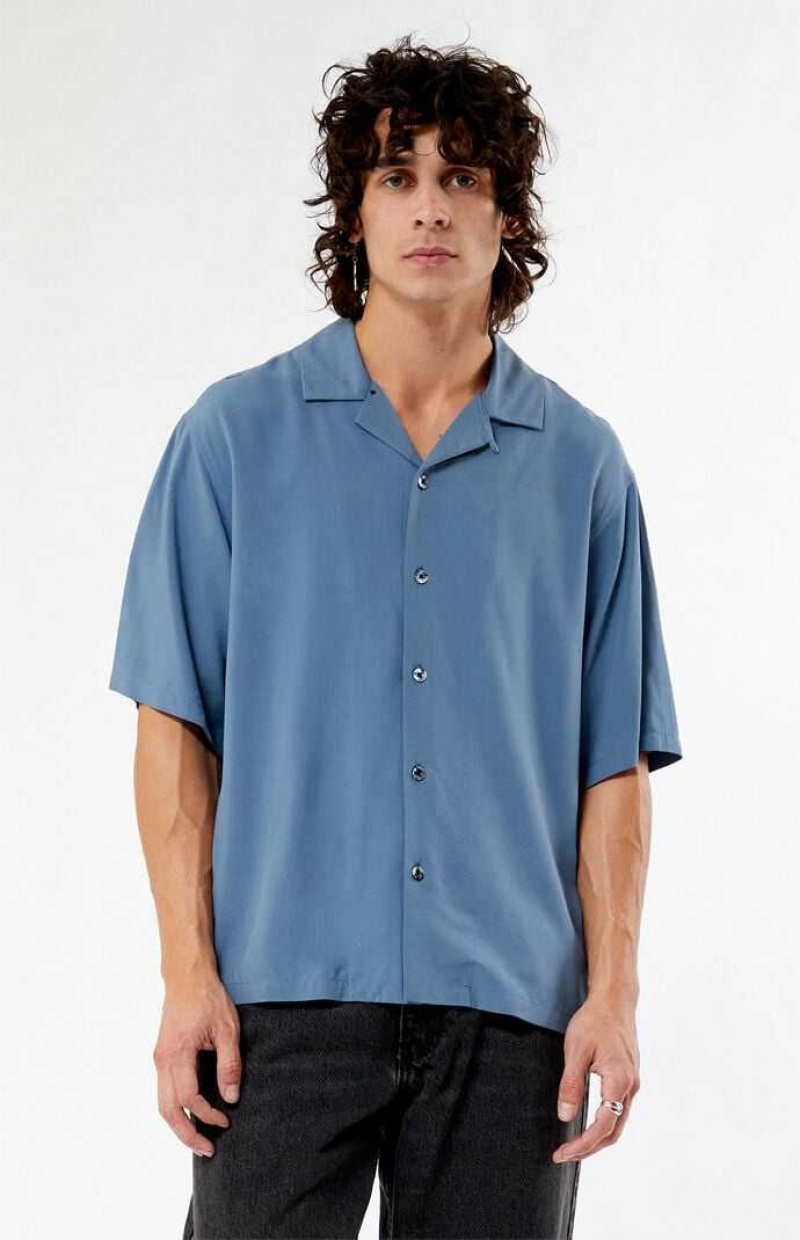 BLUE PacSun Solid Mirage Oversized Camp Shirt | WZTYXSH-92