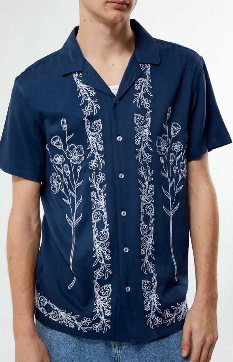 BLUE PacSun Stitch Pattern Woven Camp Shirt | UBSMPCO-51