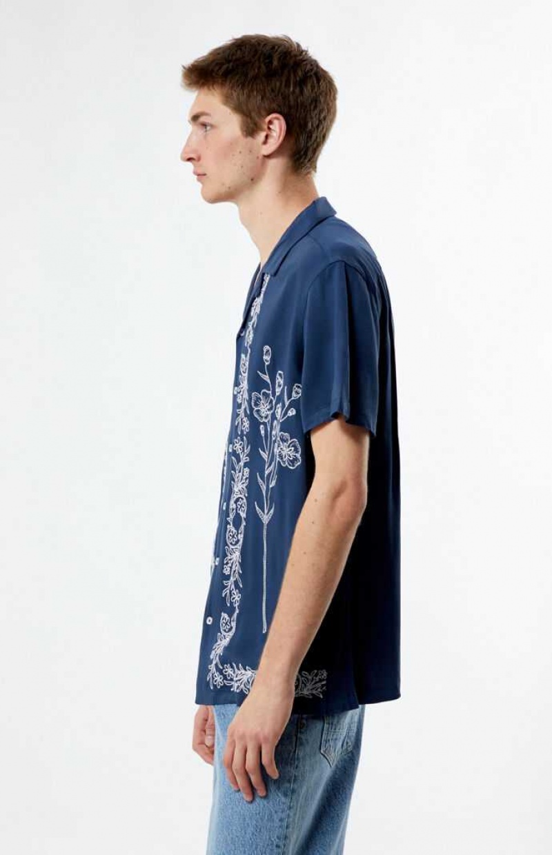 BLUE PacSun Stitch Pattern Woven Camp Shirt | UBSMPCO-51