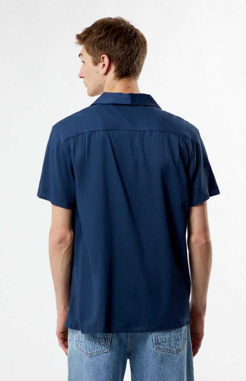 BLUE PacSun Stitch Pattern Woven Camp Shirt | UBSMPCO-51