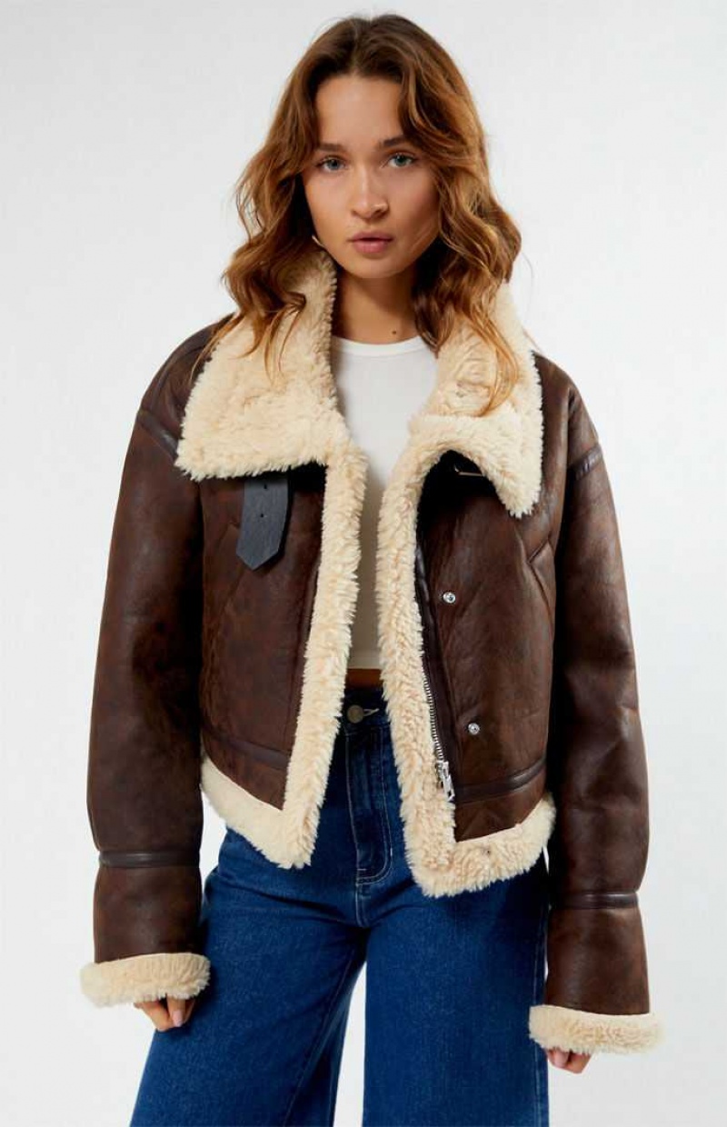 BROWN/TAN PacSun Faux Leather Sherpa Moto Jacket | AGEQCUJ-85