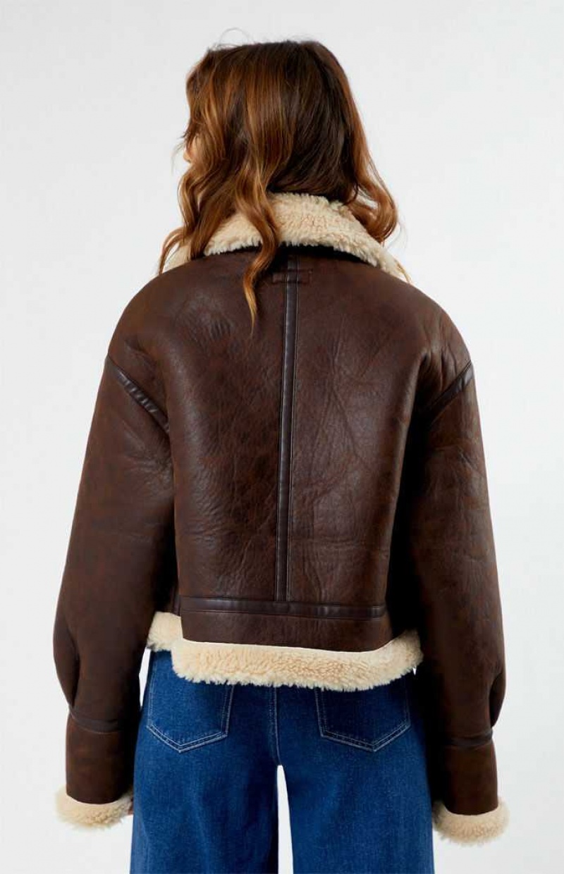 BROWN/TAN PacSun Faux Leather Sherpa Moto Jacket | AGEQCUJ-85