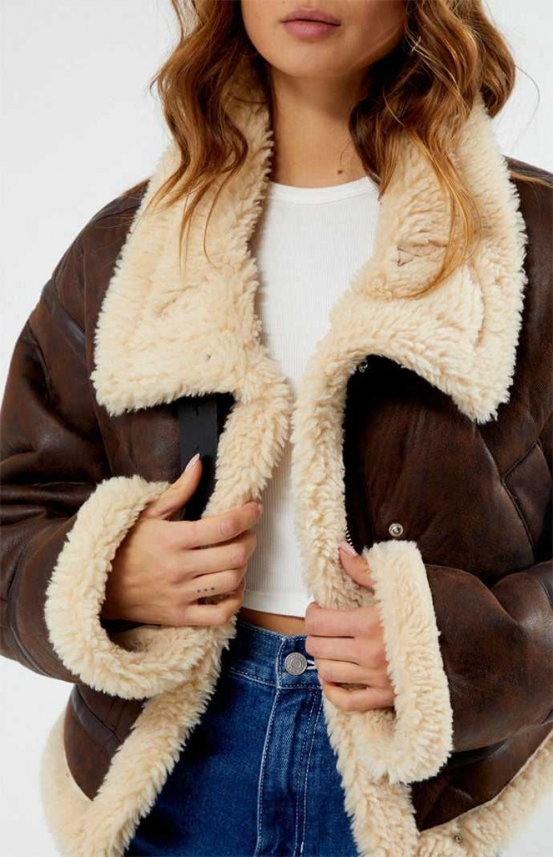 BROWN/TAN PacSun Faux Leather Sherpa Moto Jacket | AGEQCUJ-85