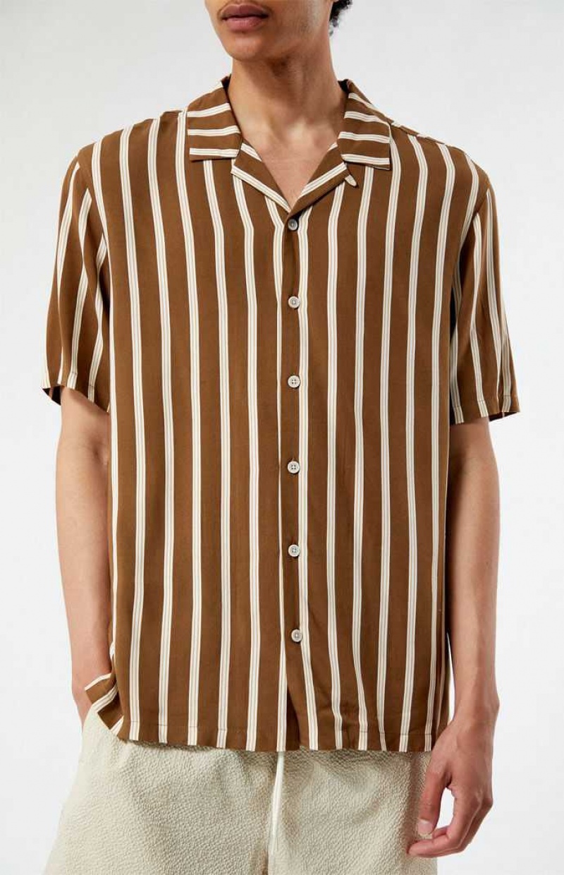 BROWN PacSun Brown Striped Camp Shirt | CNFKJIE-85