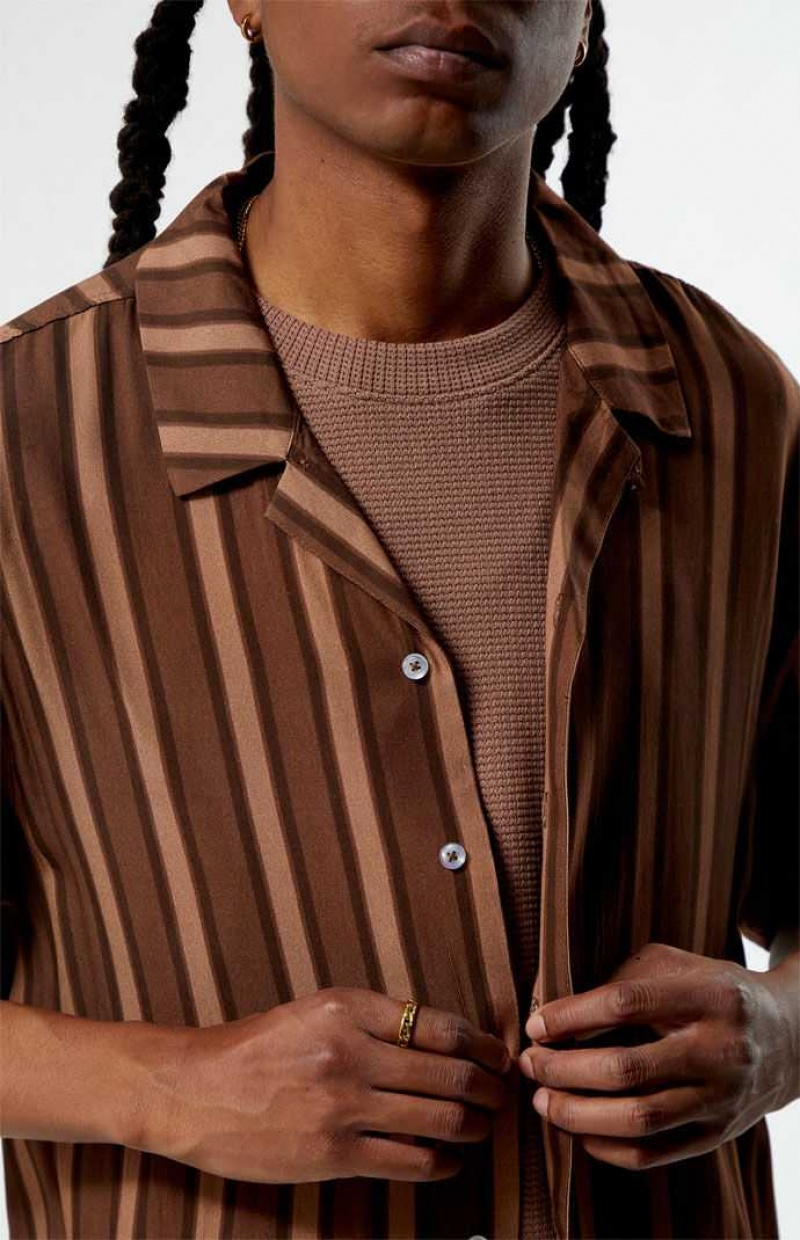 BROWN PacSun Brown Viscose Stripe Camp Shirt | LZDXSVI-98