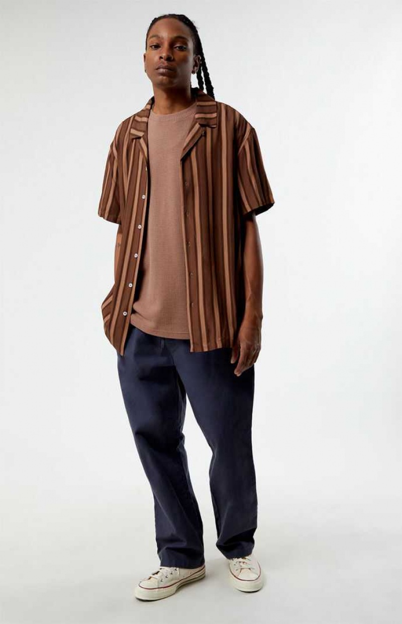 BROWN PacSun Brown Viscose Stripe Camp Shirt | LZDXSVI-98