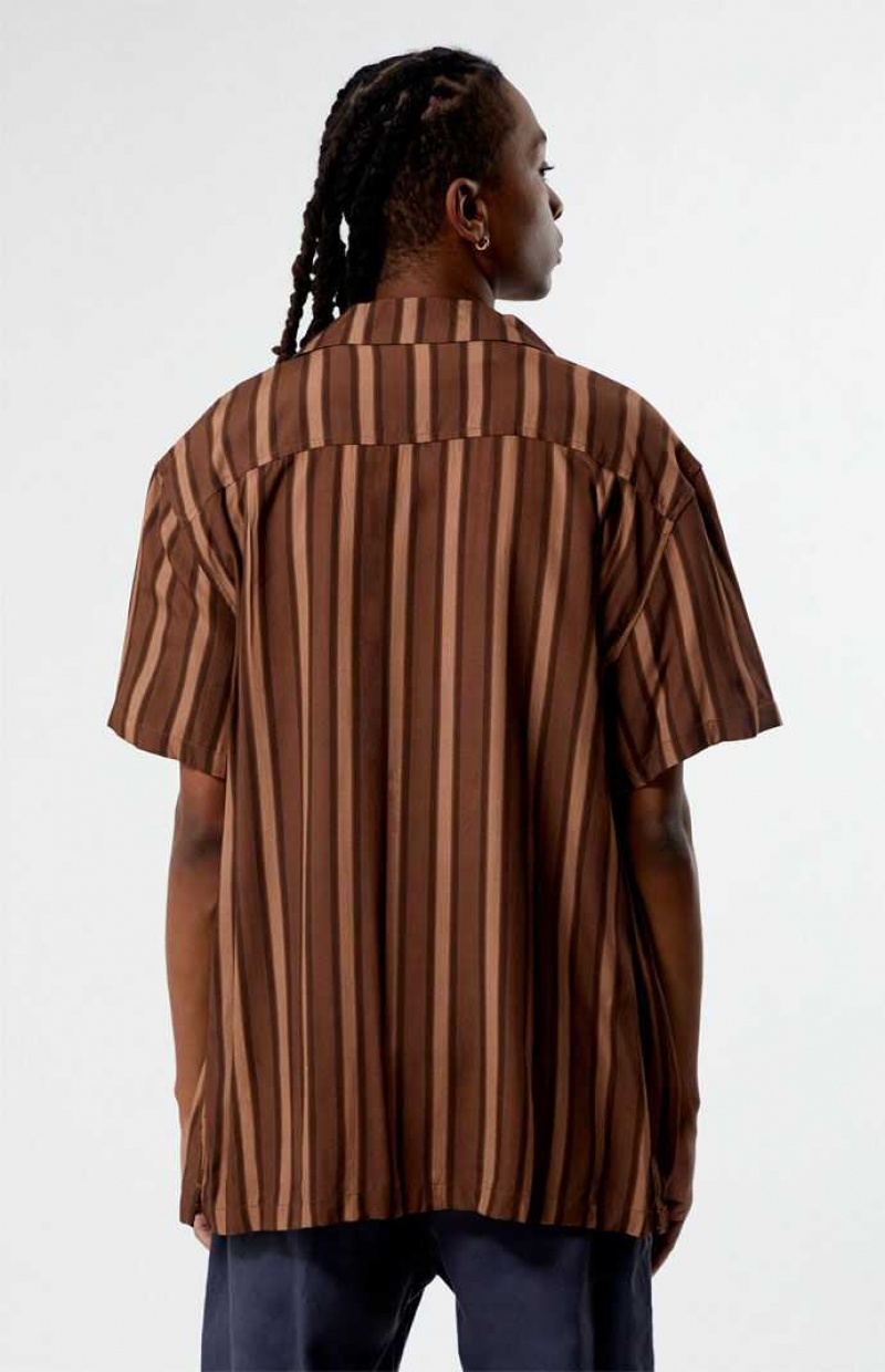 BROWN PacSun Brown Viscose Stripe Camp Shirt | LZDXSVI-98