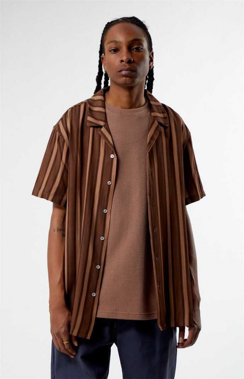 BROWN PacSun Brown Viscose Stripe Camp Shirt | LZDXSVI-98