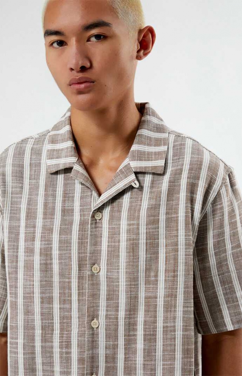 BROWN PacSun Brown Woven Stripe Camp Shirt | CKHYNXO-85