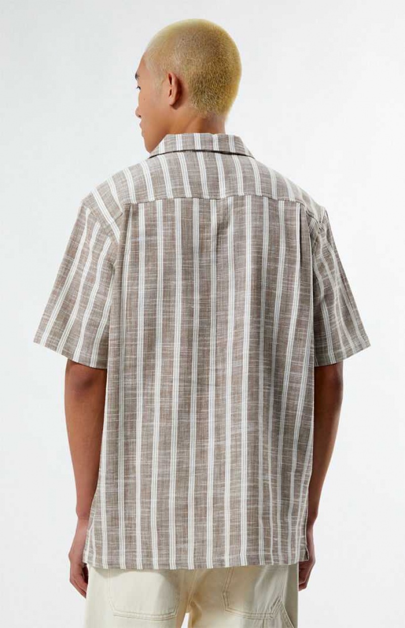 BROWN PacSun Brown Woven Stripe Camp Shirt | CKHYNXO-85