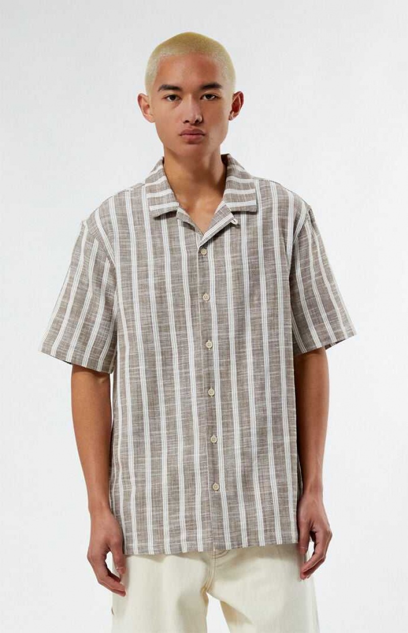 BROWN PacSun Brown Woven Stripe Camp Shirt | CKHYNXO-85