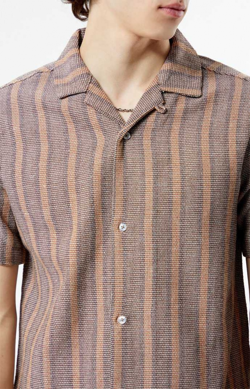 BROWN PacSun Brown Woven Striped Camp Shirt | BDKQPXZ-07