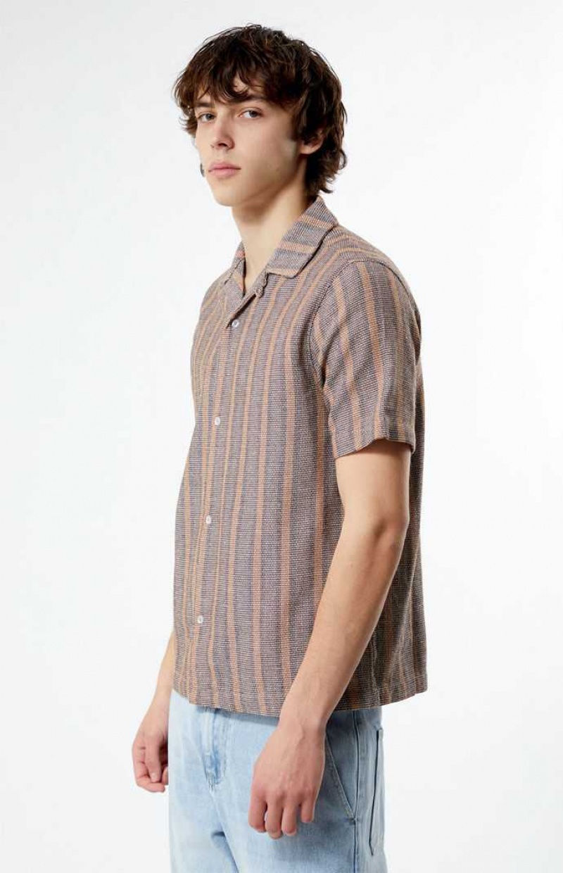 BROWN PacSun Brown Woven Striped Camp Shirt | BDKQPXZ-07