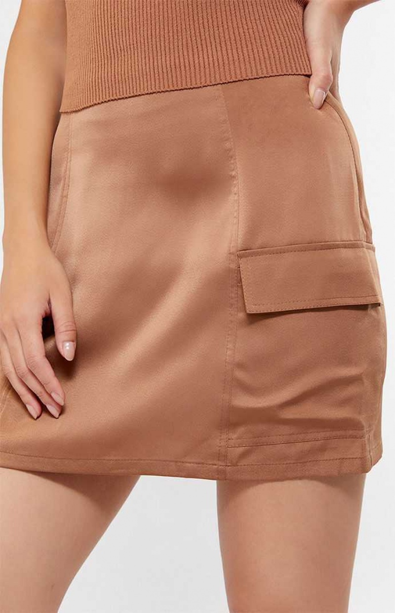 BROWN PacSun Kendall & Kylie Satin Cargo Mini Skirt | RJXEDZH-40