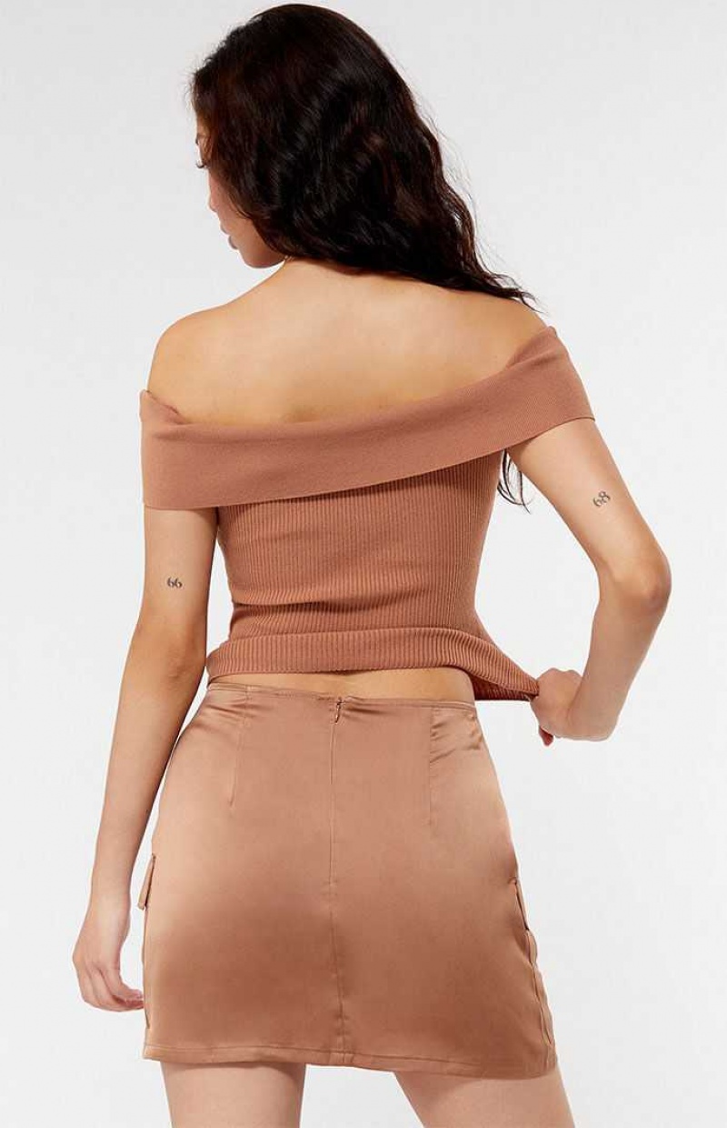 BROWN PacSun Kendall & Kylie Satin Cargo Mini Skirt | RJXEDZH-40