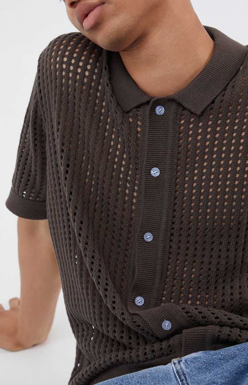 BROWN PacSun Open Knit 2.0 Woven Camp Shirt | XJYLSRV-63