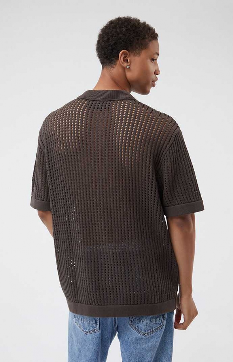 BROWN PacSun Open Knit 2.0 Woven Camp Shirt | XJYLSRV-63