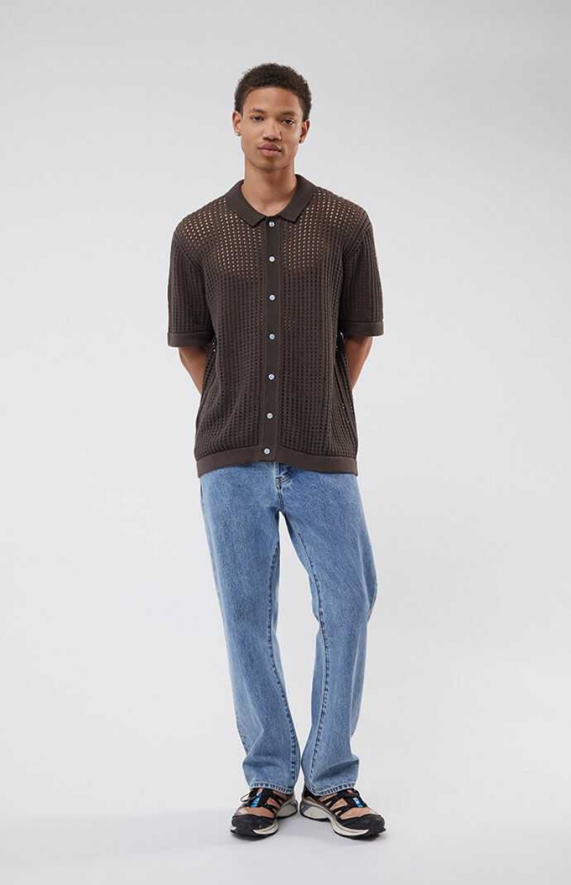 BROWN PacSun Open Knit 2.0 Woven Camp Shirt | XJYLSRV-63