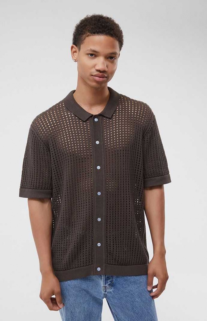 BROWN PacSun Open Knit 2.0 Woven Camp Shirt | XJYLSRV-63