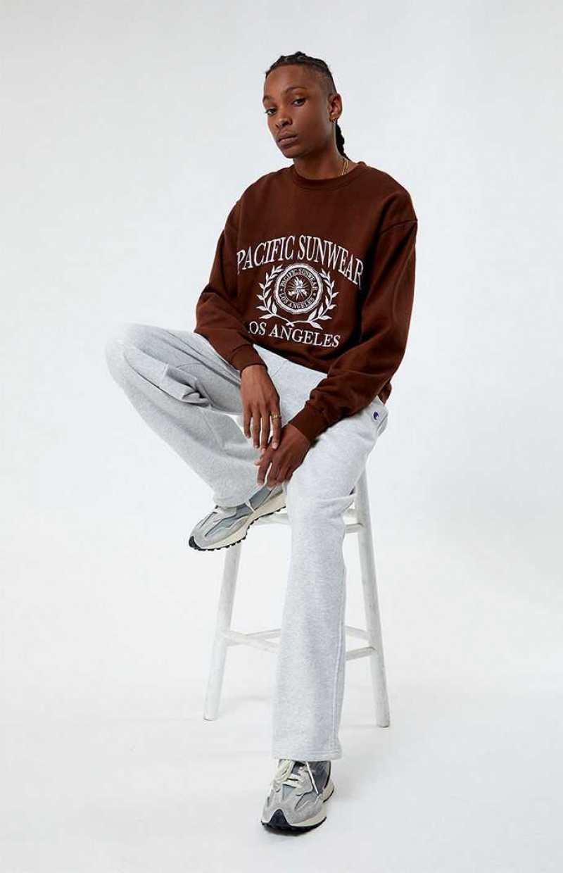 BROWN PacSun Pacific Sunwear Los Angeles Crest Crew Neck Sweatshirt | PVGIYXB-14