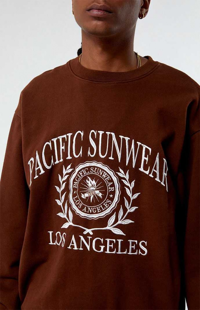 BROWN PacSun Pacific Sunwear Los Angeles Crest Crew Neck Sweatshirt | PVGIYXB-14