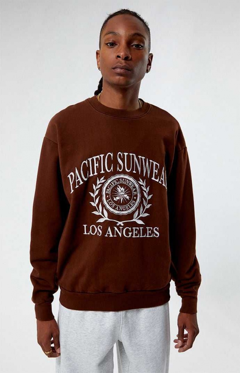 BROWN PacSun Pacific Sunwear Los Angeles Crest Crew Neck Sweatshirt | PVGIYXB-14